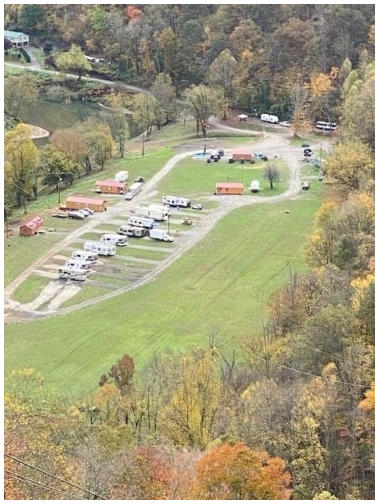 Aerial view of the cabins and RV sites at Hatfield's Hideout Campground on the Hatfield McCoy Trail System