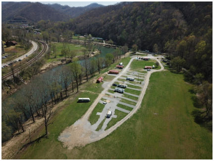Aerial view of Hatfield's Hideout campground near McCarr Kentucky, Matewan West Virinia and the Hatfield McCoy Trail System.